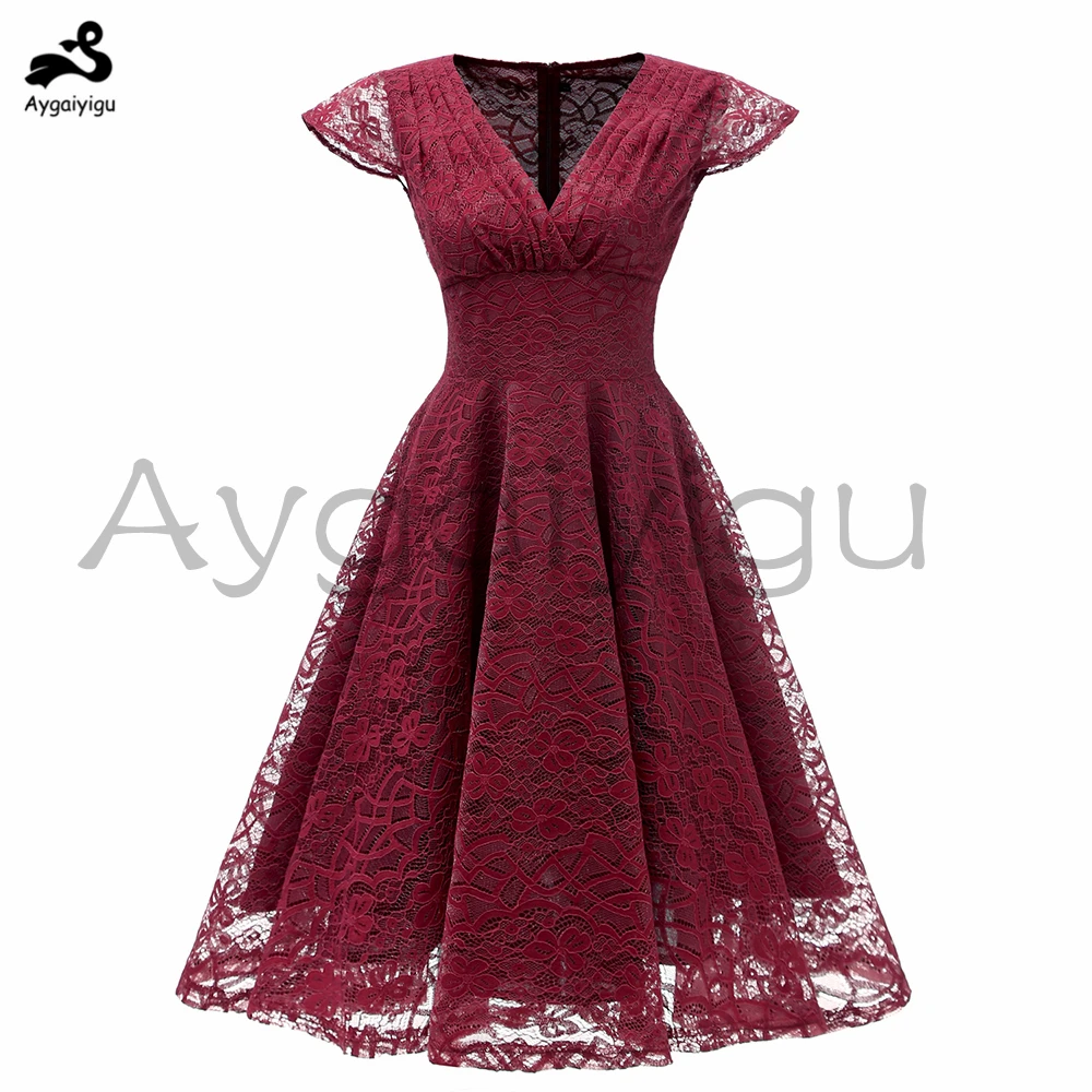 Женское кружевное платье-миди с V-образным вырезом и рукавом-лепестком | Женская