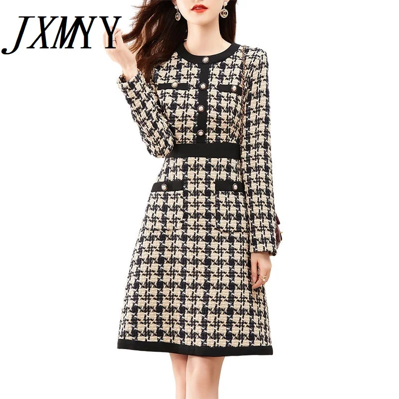 

Vintage Dresses for Women Bird Lattice A-Line O-Neck Knitting Dress Button Female Winter Mini Woman Dress Autumn 2021 Clothes