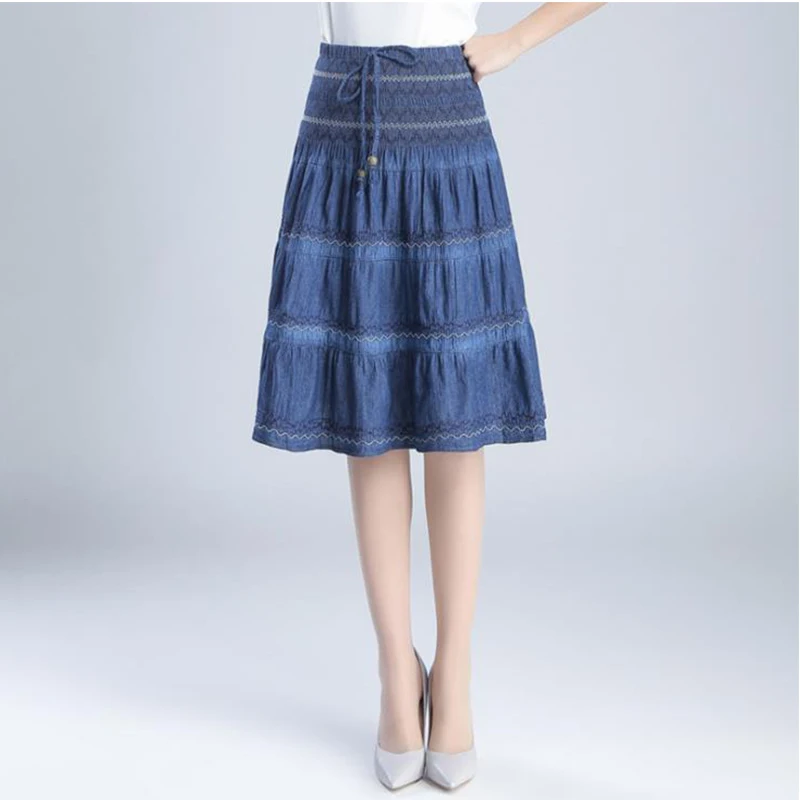 Denim Blue Летние женские винтажные джинсовые юбки с эластичной талией, синяя джинсовая плиссированная юбка, женская повседневная юбка свободного размера плюс - Цвет: Denim Blue