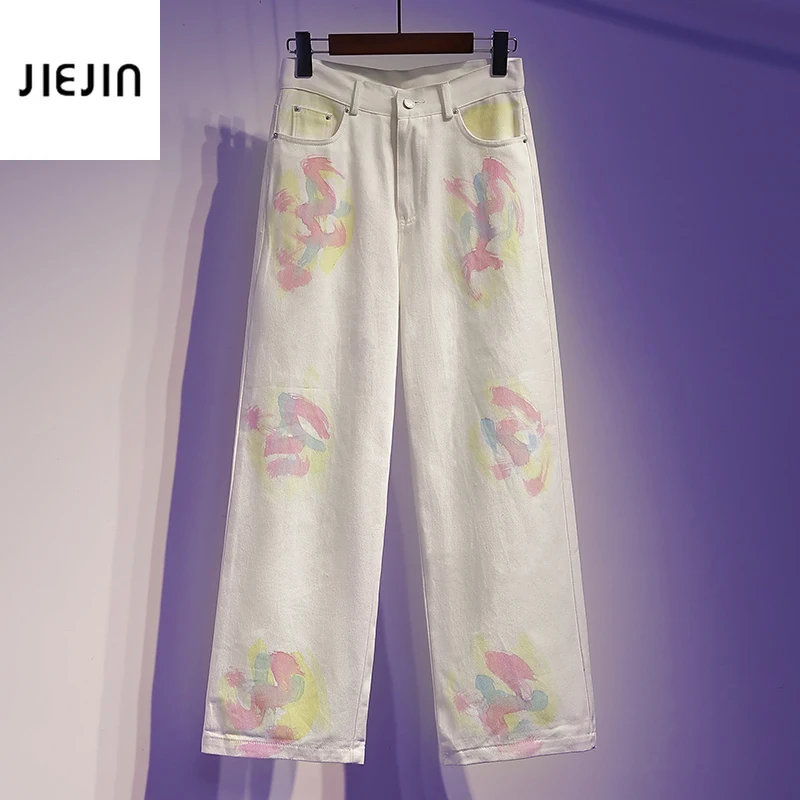 

2021 New Tie Dye Whiter Straight Leg Jeans Women's High Waist Vintage Baggy Straight Denim Trouser Wide Leg Pants Plus Size 5XL