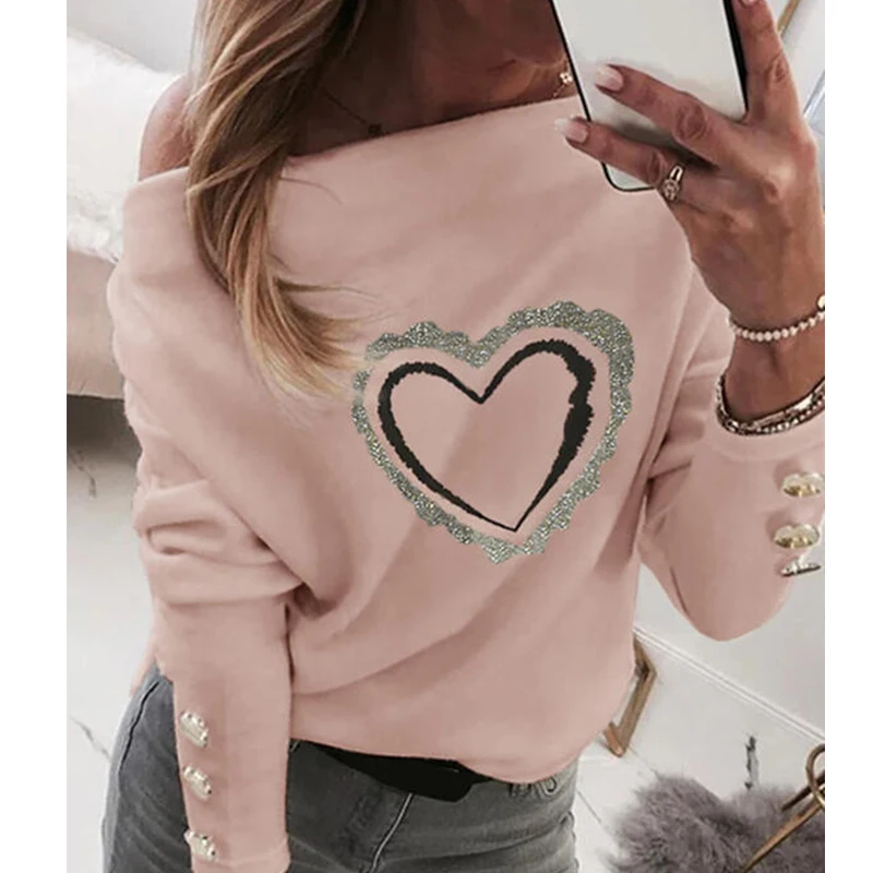 

Spring Autumn Casual Womens Love Heart Prined Long Sleeve Strapless T-Shirt Slim Skew Collar Women Shirts Tops Women Clothing
