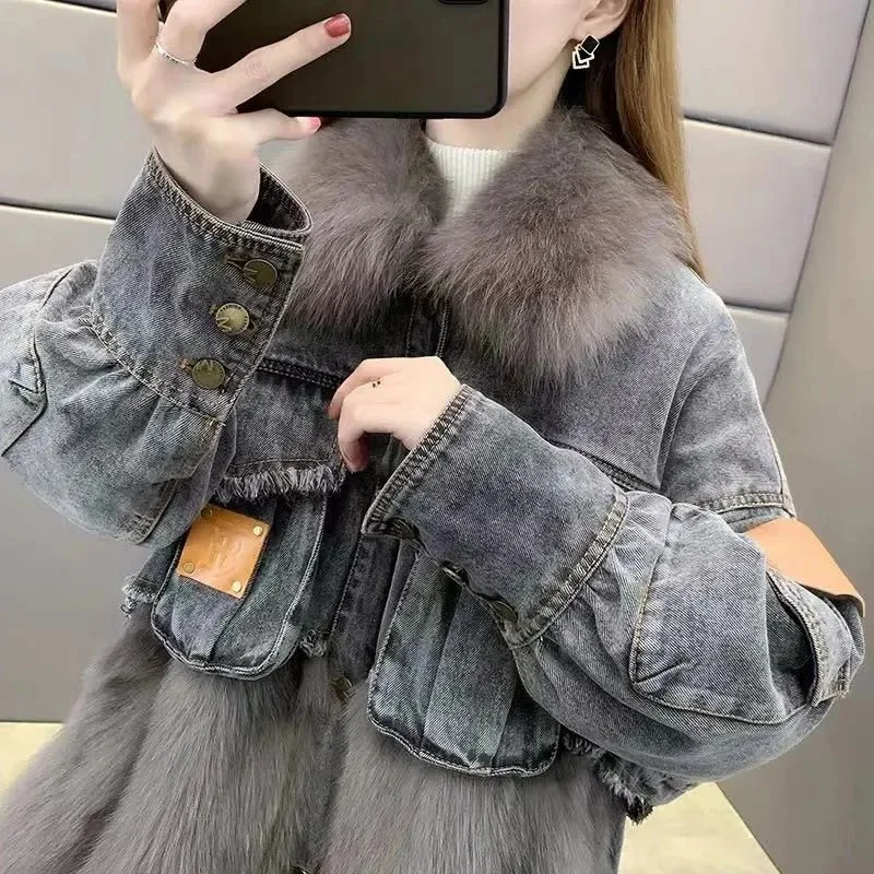 2022 Popular Autumn Winter New High-End Imitation Fox Fur Jacket Female Denim Fashion Stitching Parker Down Cotton Jacket Spring