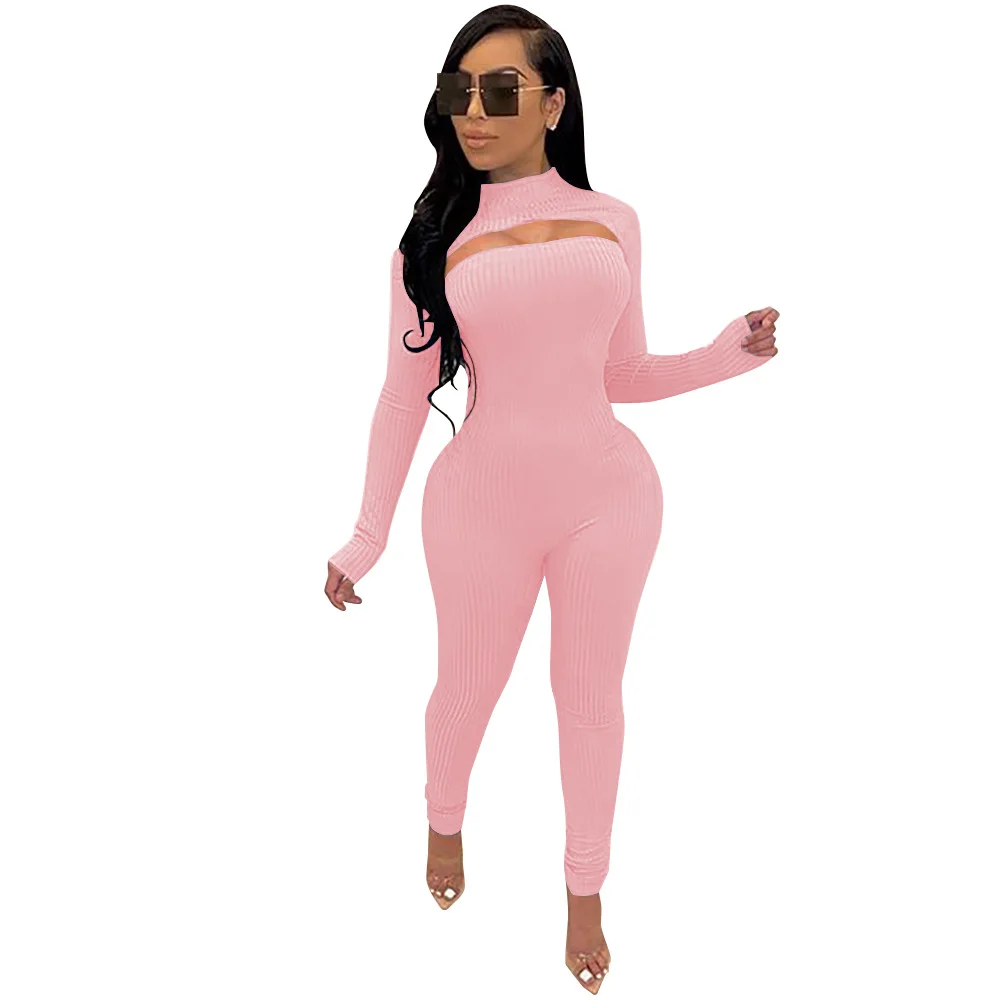 

Casual Knit Ribbed Two Piece Set Jumpsuit +Crop Top Skinny Fitness Long Sleeve Solid Color Sportwear Summer Clothes For Women