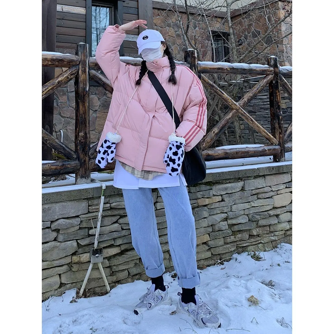 Autumn and Winter New Style Loose Simple Casual Fashion Trend Solid Color Stripe Printing Plus Velvet Thick Thick Down Jacket