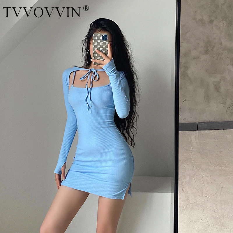 TVVOVVIN корейский стиль сексуальный облегающий разрез на бретельках с длинным