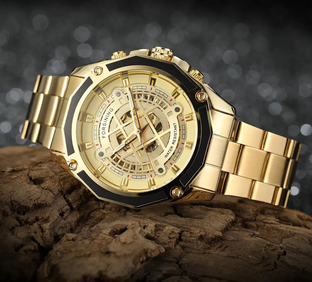 Лидирующий бренд Forsining военные золотые черные часы модные из нержавеющей стали