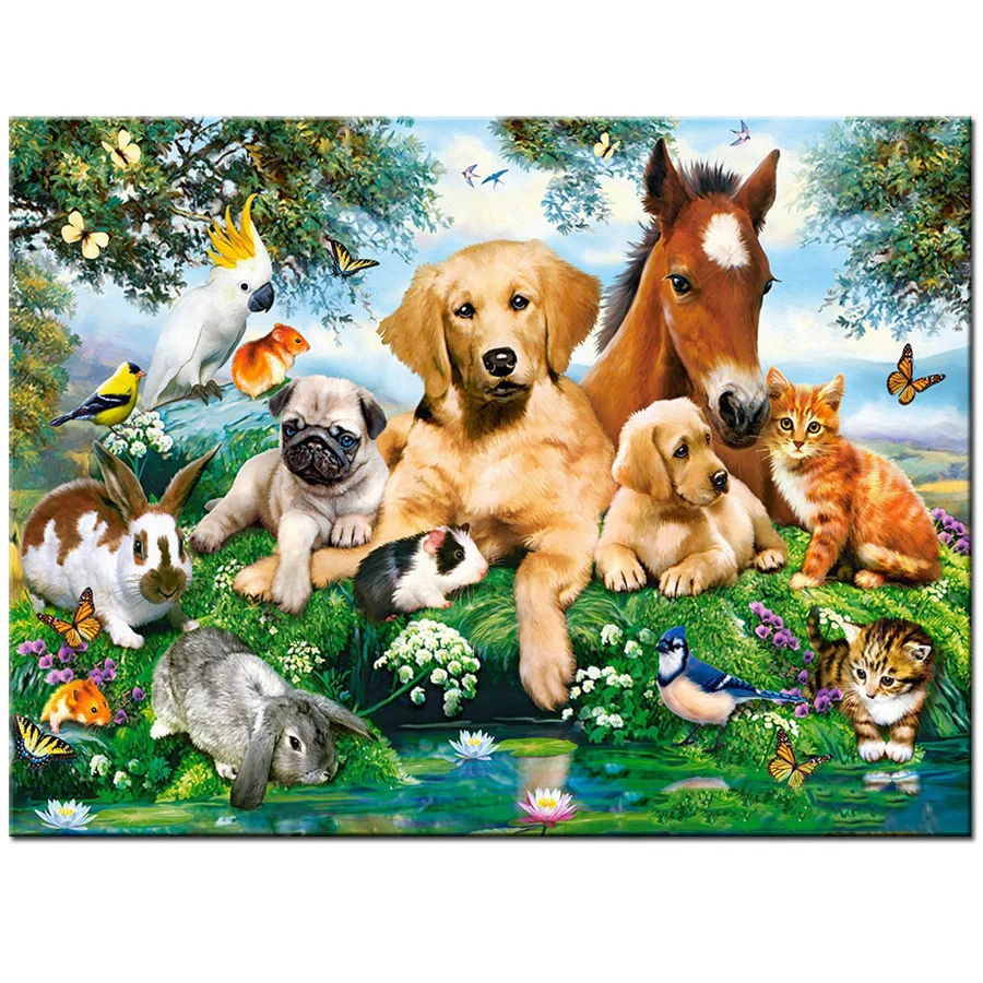 5D Алмазная вышивка лошади с рисунком собачки и котика Попугай Птицы картина