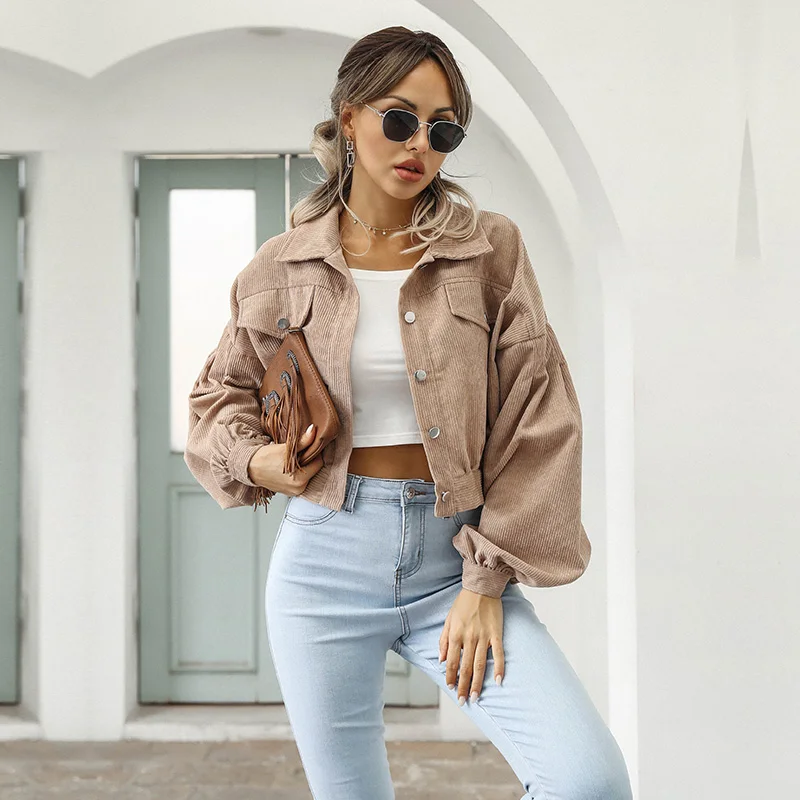 

Short Corduroy Jacket Women Autumn Winter Lantern Sleeve Turn Down Collar Jaket Coat Female Outerwear Chic Tops