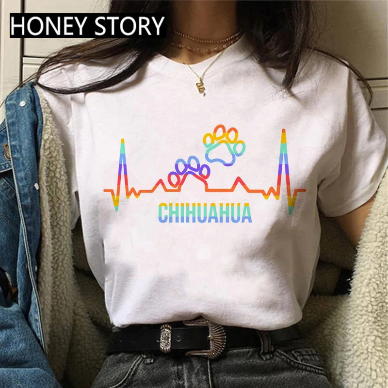 

Fashion Dog Animal Tshirt Summer New Kawaii Chihuahua Heartbeat Print Women T Shirt Female Aesthetic Cartton Harajuku T-shirt