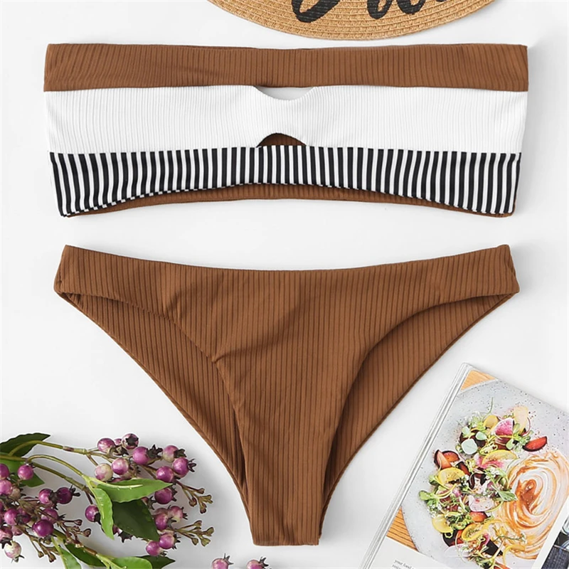 2020 New Stripe Swimsuit Women Strapless Bandeau Swimwear Padded Bralette Bathing Suit S-XL Girl Ribbe Bikini Set | Женская одежда