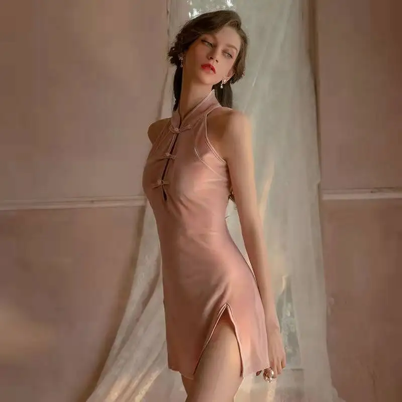 Retro Cheongsam Women Pajamas Pink Hollow Dress Woman Ultra Short Sexy Woman Nightie Round Neck Sleepwear Uniform Sexy Dress