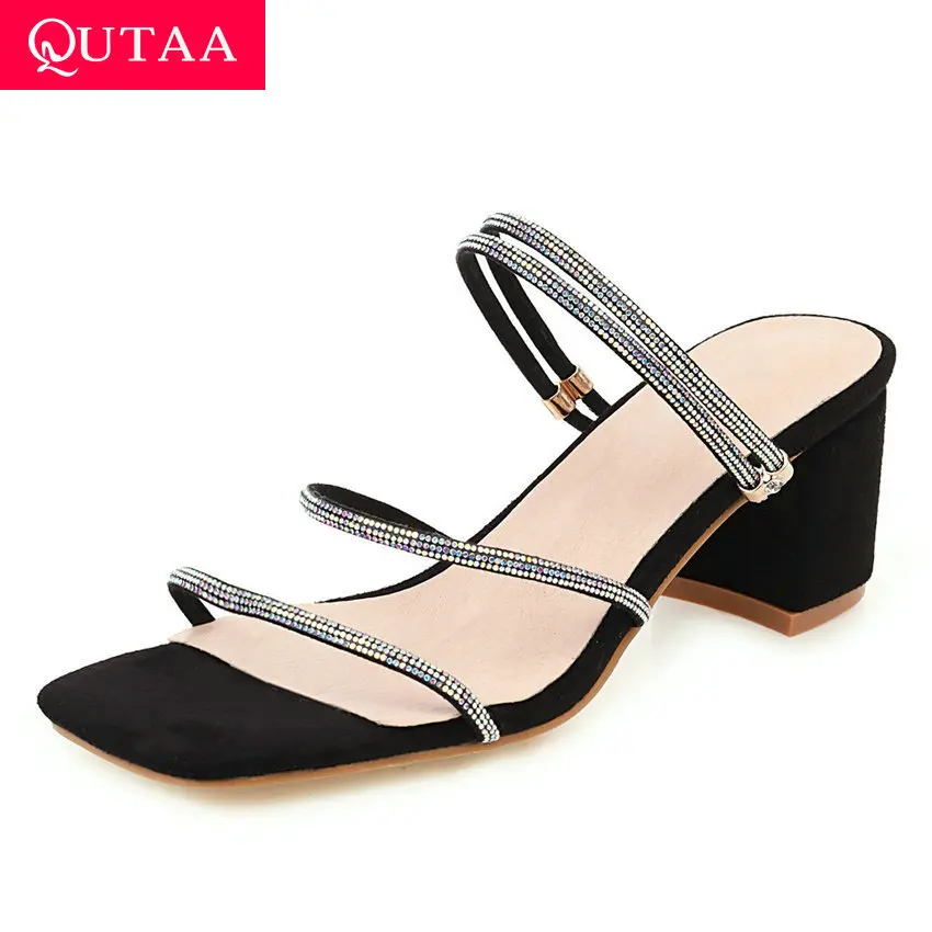 Женские босоножки без застежки QUTAA черные туфли из флока на высоком устойчивом