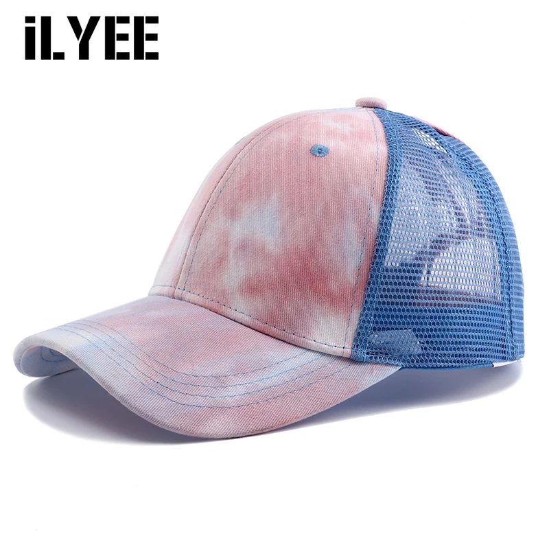 

2021 New Summer Tie Dye Messy Bun High Ponytail Baseball Hat Hair Cap Women Streetwear Mesh Trucker Dad Snapback Hats Gorras