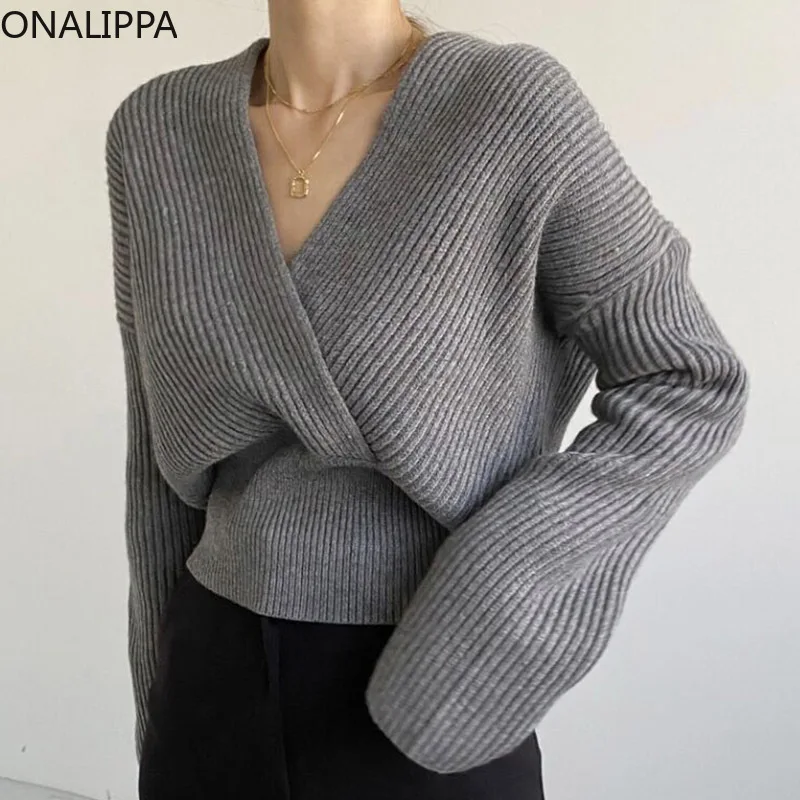 

Onalippa 2021 Women Pullover Early Autumn Elegant Temperament V-Neck Crossover Design Waisted Short Solid Long-Sleeved Sweater