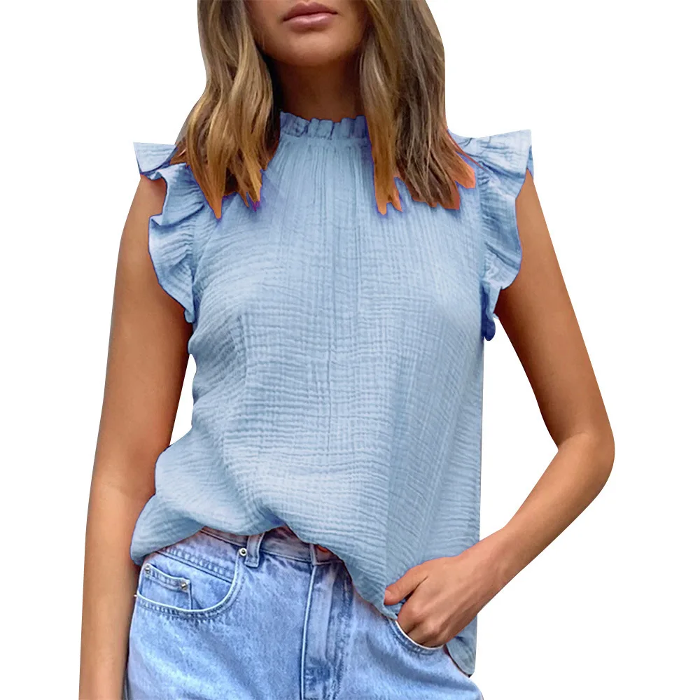 

Butterfly Sleeve Women Blouses 2022 New Summer Fashion Casual Chiffon Shirt Ladies Ruffles Black White Blue Loose Tops Pullovers