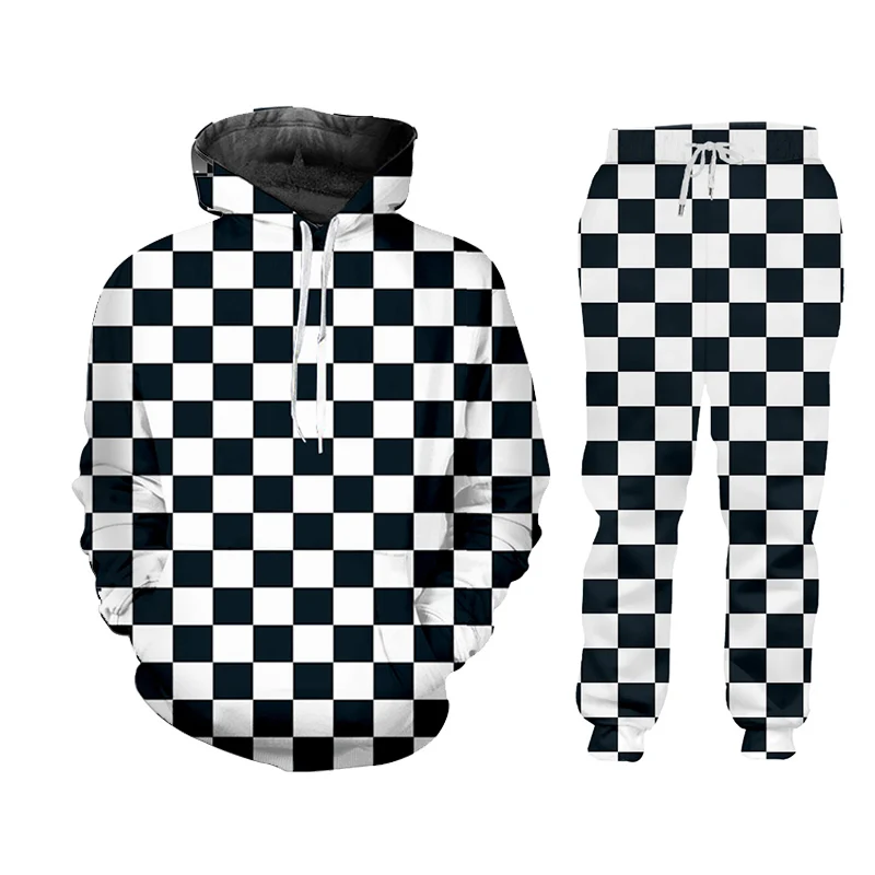 

Black and white plaid Checkerboard Casual Streetwear Sweatshirt And Pants 3d Crewneck Hoodie Pullovers Men/Women Tracksuit