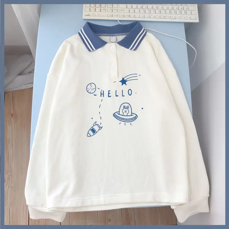 

Female Sweatshirt Kawaii Cartoon Printed Long Sleeve Turn Down Collar Korean Preppy Style Loose Casual Pullover Chic Sweatshirt