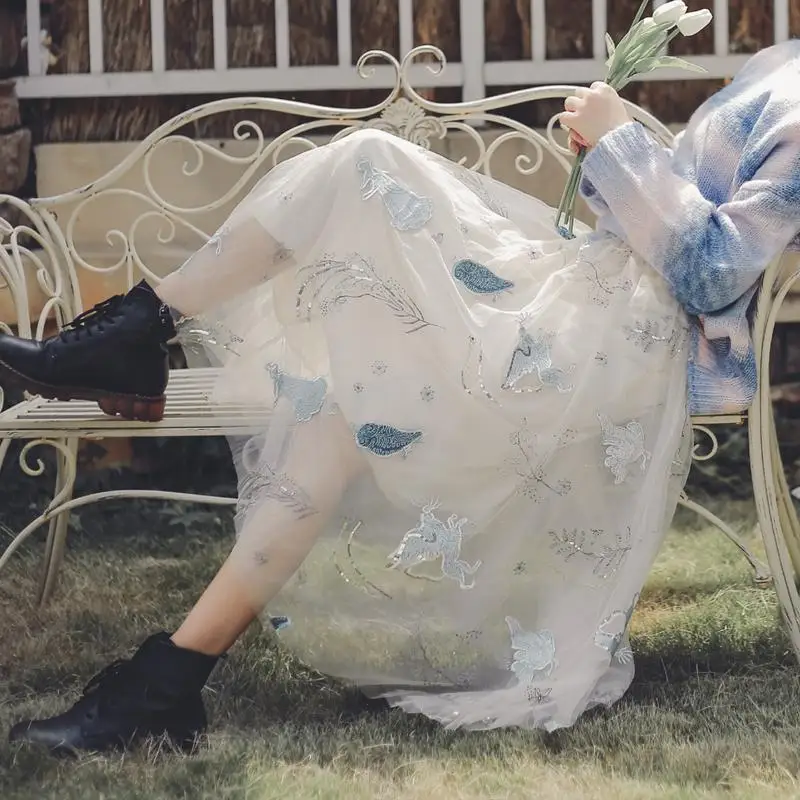 

Spring Women skirt Sweet Lace mesh floral skirts All-match draped long skirt Cartoon Embroidery Kawaii female skirts