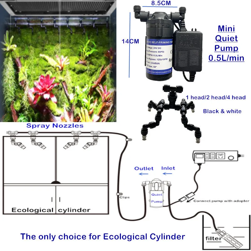 H183 Quiet Pump Reptile Fogger Mist Sprinkler Rainforest Tank Humidification Cooling System Reptile Pet Terrarium Misting System