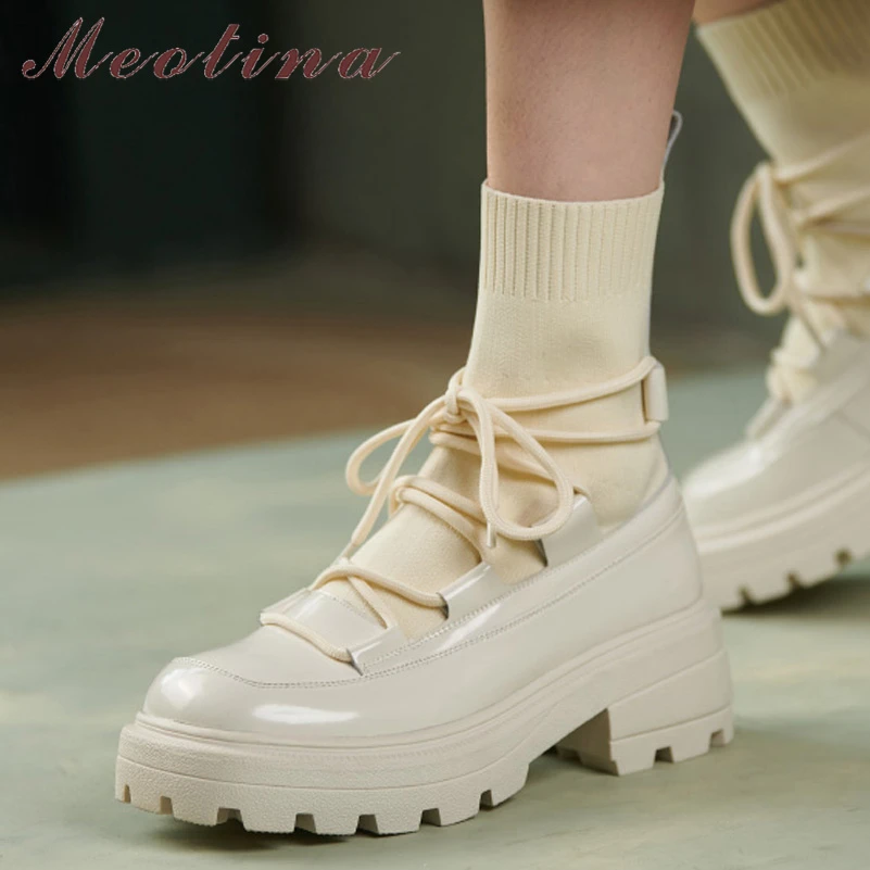 

Женские ботильоны из натуральной кожи Meotina, ботинки на платформе и толстом каблуке, с круглым носком, на шнуровке, Осень-зима