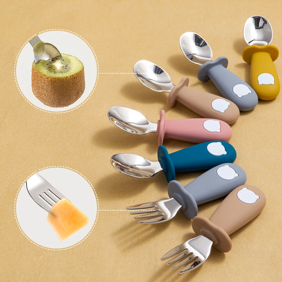 New Design Baby Feeding Solid Food Spoon Fork Set BPA Free Silicone Handle Cartoon Bear Stainless Utensil Children's Tableware | Мать и