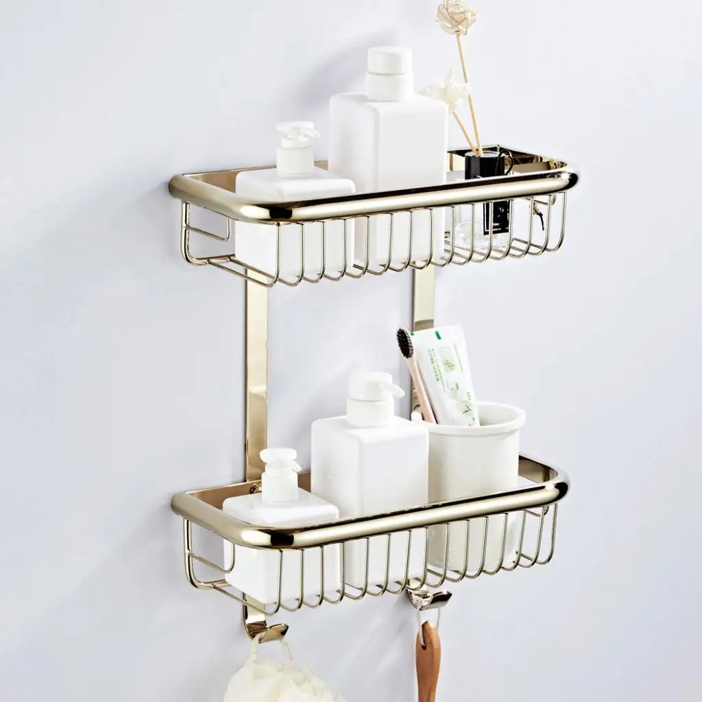 

2 Tier Caddy Shelf Bathroom Storage Rack Organizer Solid Brass With 2 Hooks