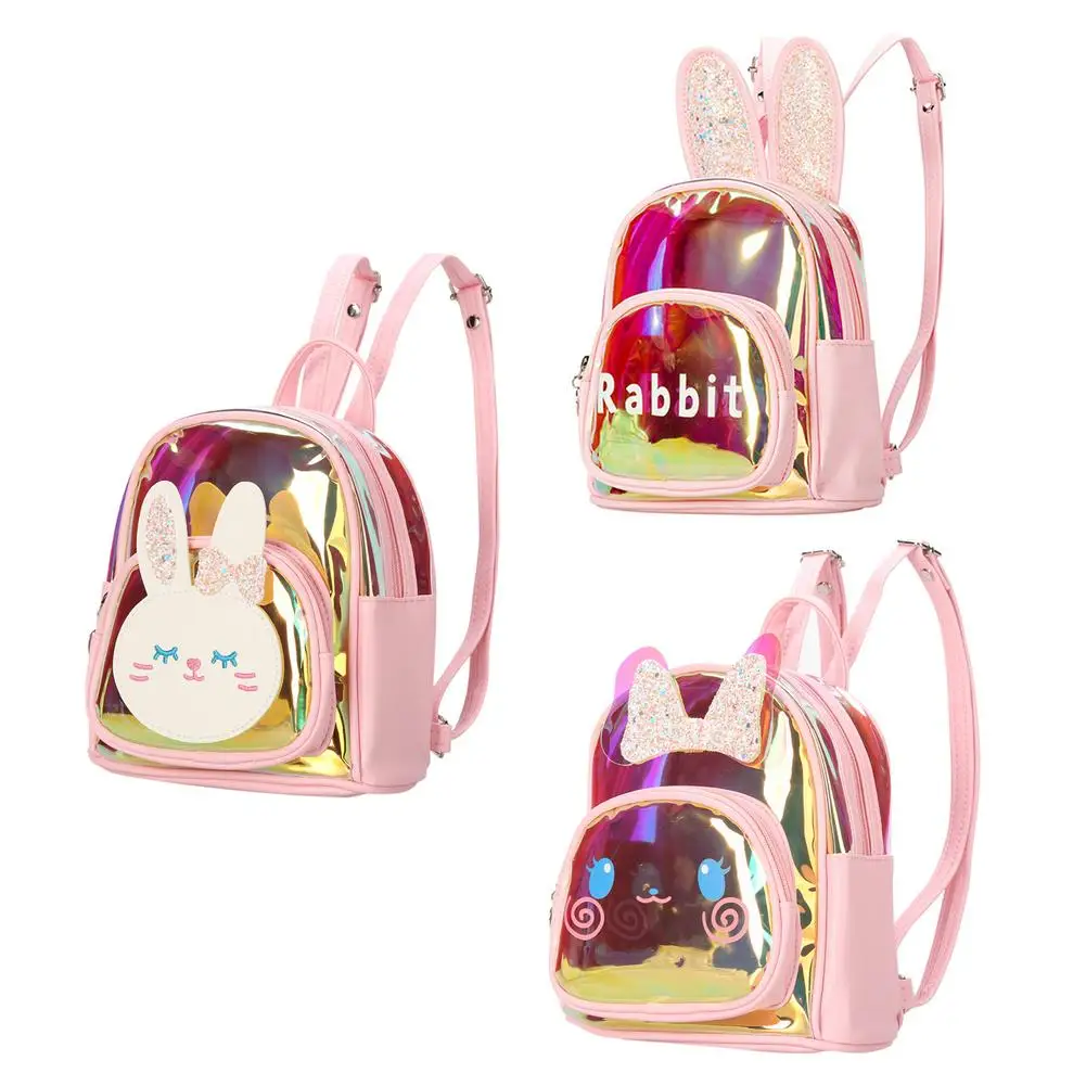 Прозрачный рюкзак для девочек с лазерным рисунком, водонепроницаемые кожаные детские сумки с мультяшным кроликом для дошкольников и девоч...