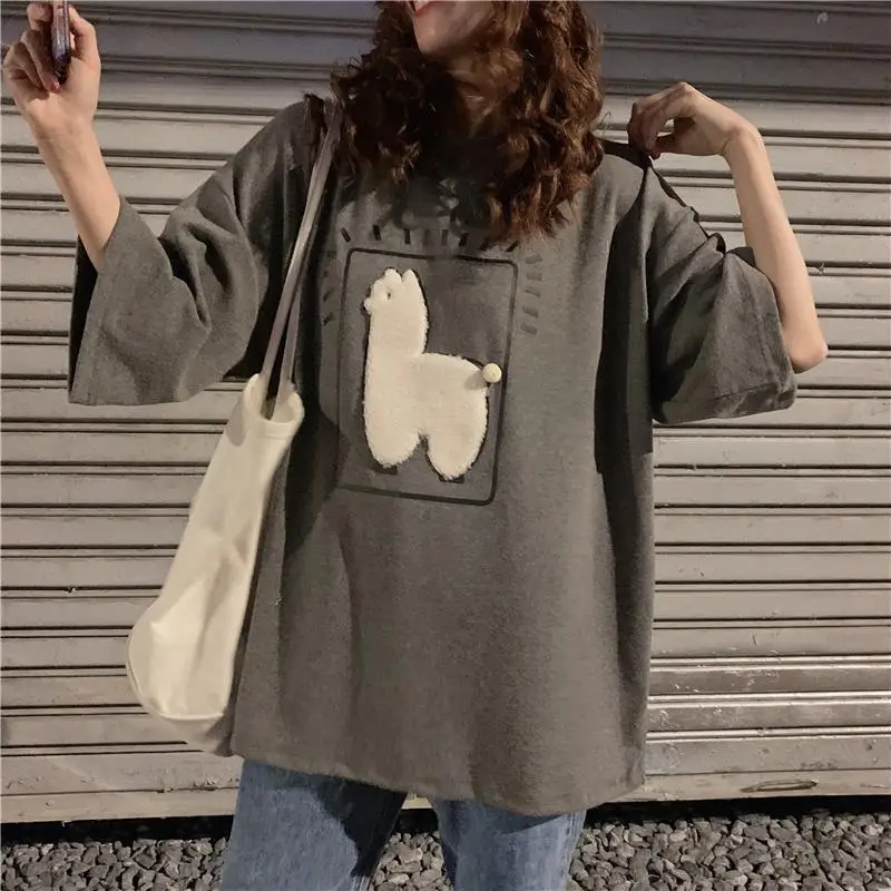 

Cartoon Alpaca Animal Printed Casual Loose Oversize Korean Style 2020 Summer Short Sleeve Women Top Female T-shirts