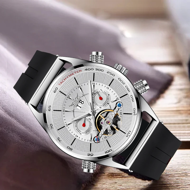 JARAGA часы Tourbillion модные черные силиконовые часы многофункциональные автоматические мужские часы механические часы для мужчин