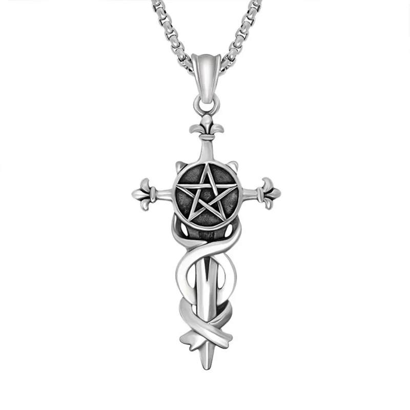

Retro stainless steel cross pendant necklace Fashion men five-pointed sword Pendant & Necklace for boys party gifts