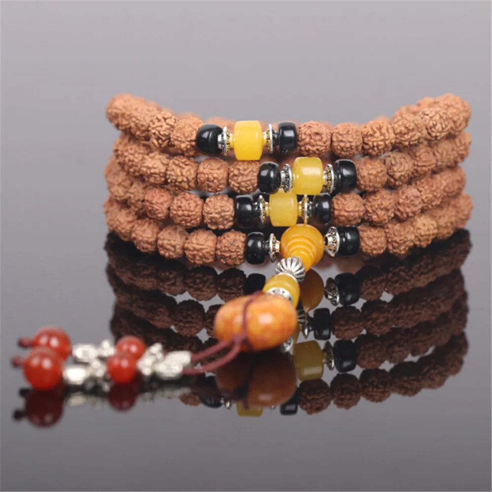 

8mm Natural 5-petal Rudraksha Beads 108 Mala Buddhist Prayer Bracelet/Necklace Coconut Shell Spacer Meditation Jewelry Dropship