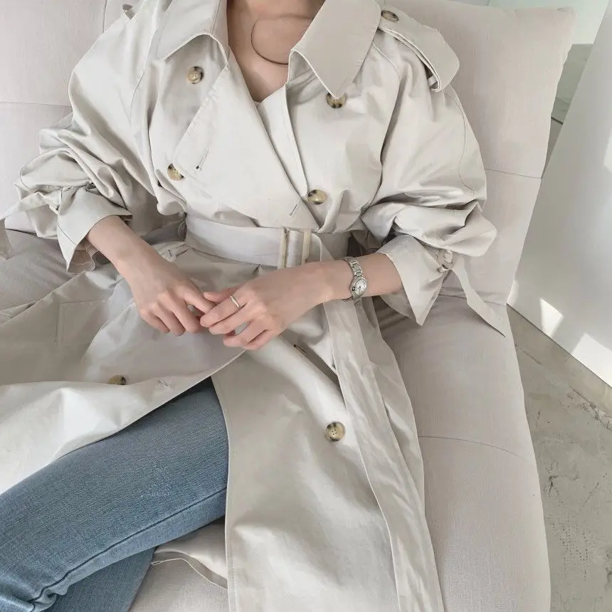 

Causal light tan autumn women trench coat Split joint elegant long sleeve coat Plaid long coat with belt windbreaker