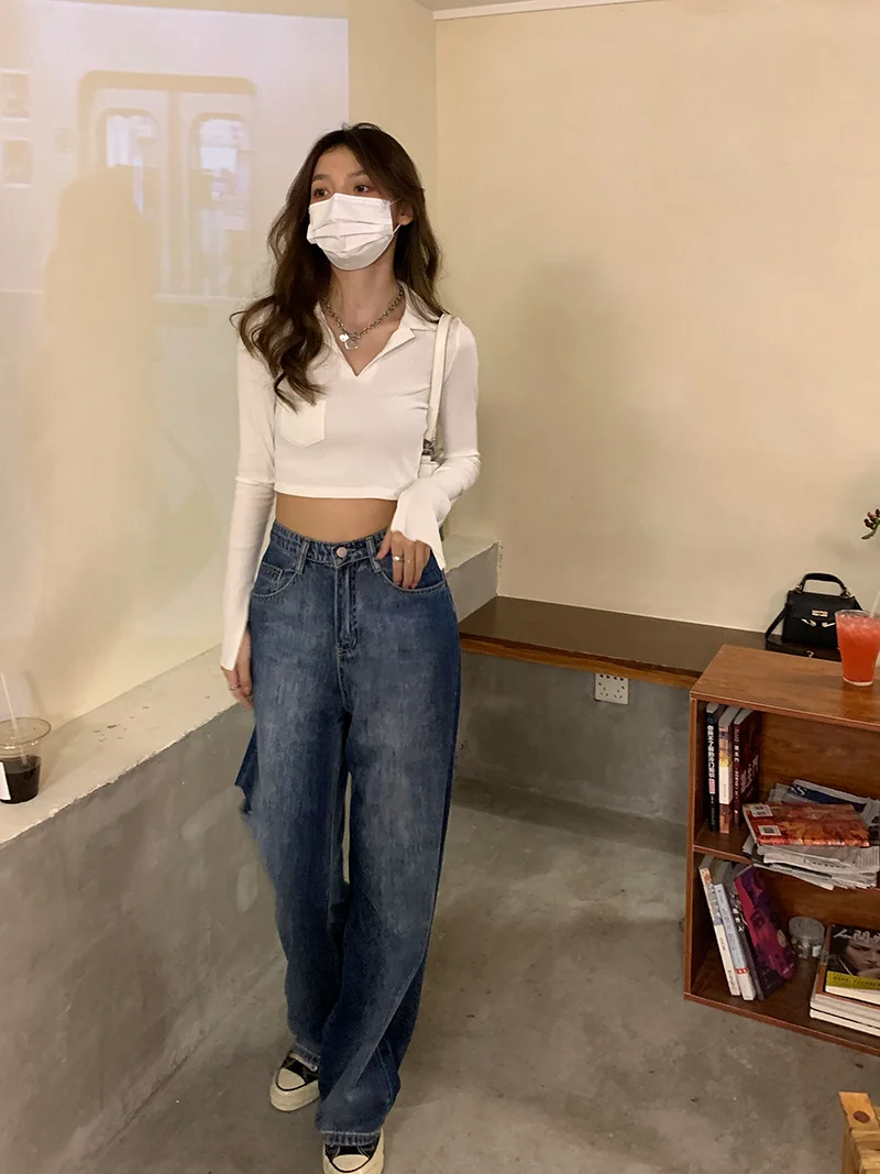 Джинсы женские с завышенной талией черные свободные повседневные Прямые Штаны