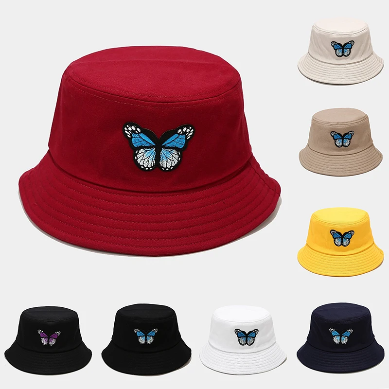 

Blue Butterfly Funny Print Bucket Hats Casual Outdoor Panama Cap Unisex Sun Shade Fisherman Caps Harajuku Foldable Fishing Hat