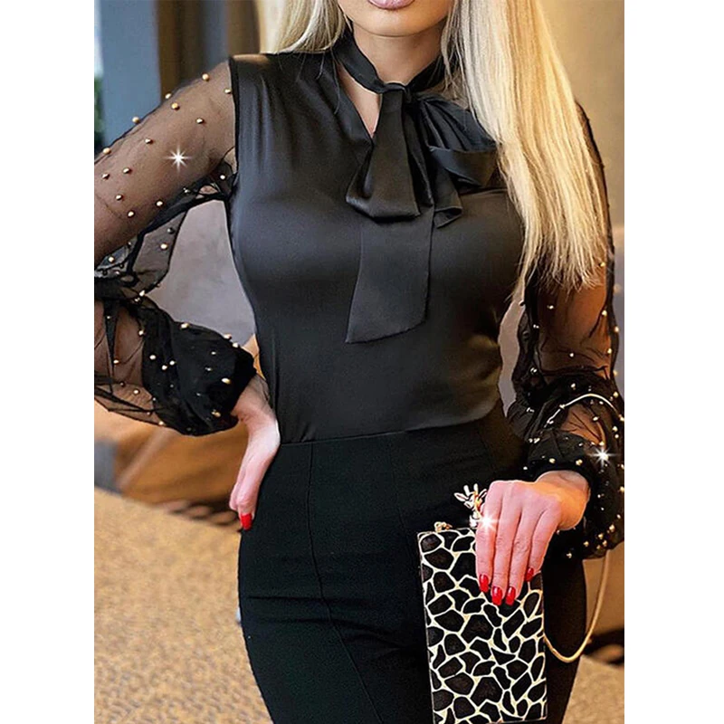2022 New Fashion Elegant Commuter Top Casual Spring Autumn Slim Mesh Long Sleeve Bandage V-neck Blouse Women Full Tops
