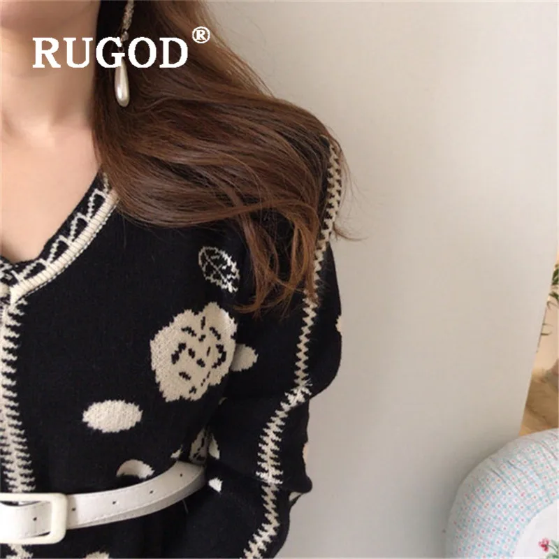 RUGOD 2019 Новая Осенняя черная свитер пуловер для женщин с v-образным вырезом узор в