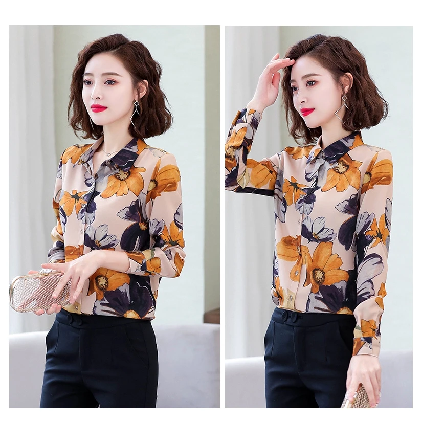 

Houthion Printed Chiffon Women's Blouses Spring Summer Fashion Casual Retro Temperament Long Sleeve Blouse Top Woman Shirt
