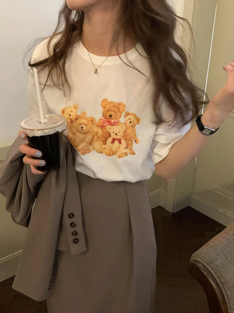 

3Colors 2021 Summer korean style Cartoon Bear Print Short Sleeve t-shirt Womens Loose tops Tees shirt femme (X1865)