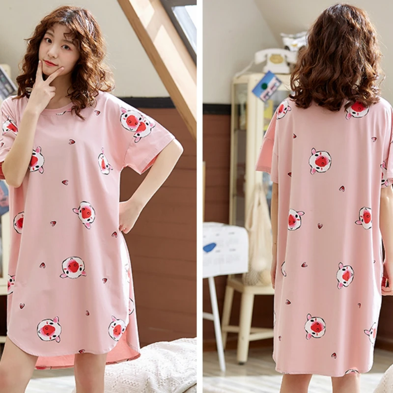 

Women Nightgowns Short Sleeve Summer Casual Loose Sleepshirts Print Soft Casual Sleepwear Korean Style Ulzzang Nightwear Simple
