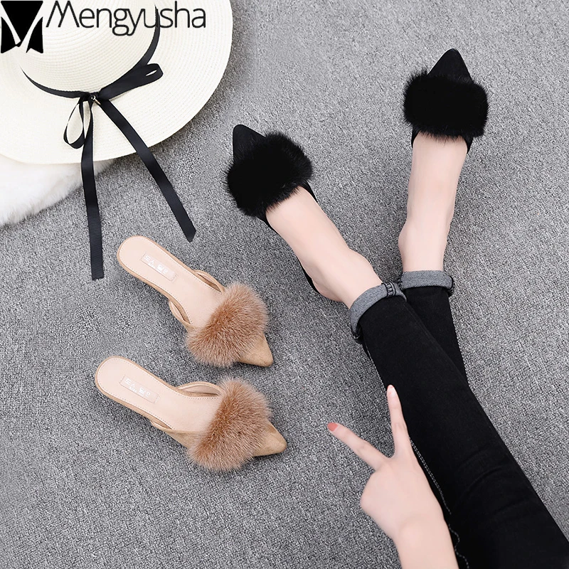 Мюли женские с острым носком бархатные туфли-лодочки на тонком высоком каблуке