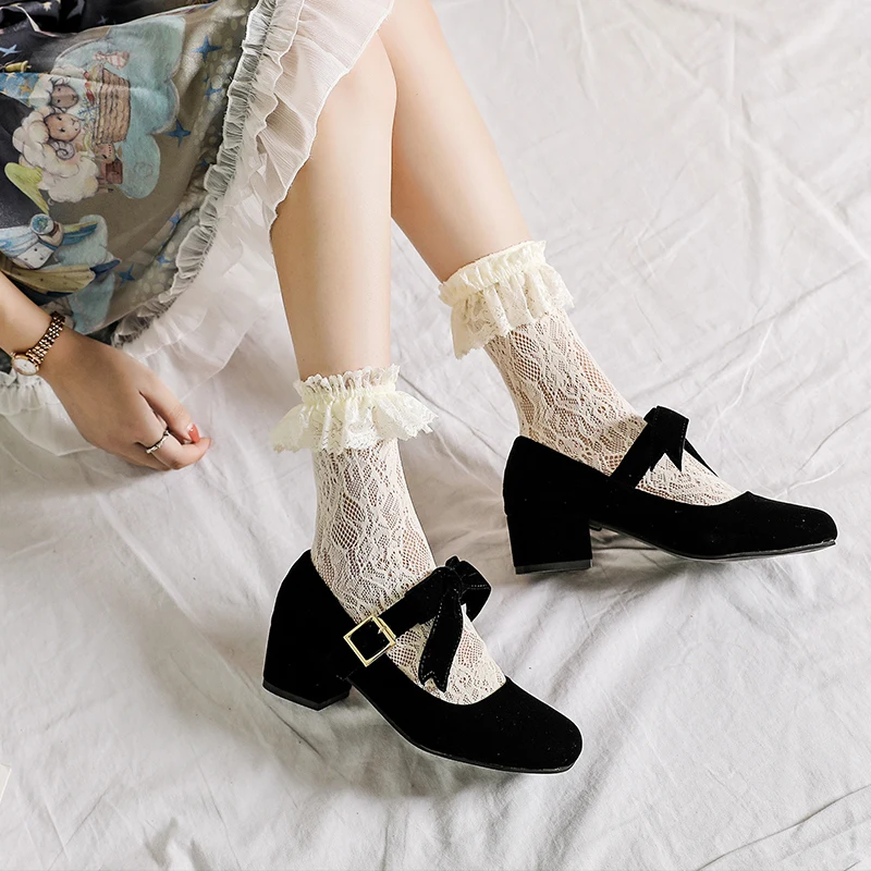 

Lolita Palace Style Small Square Head Bow Lolita Mid-heel Shallow Mouth Single Shoes Women Kawaii Shoes Cosplay Loli Women Shoes