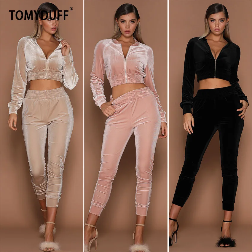 

TOMYDUFF Autumn Swan Suede Suit Women's Solid Color Zipper Tracksuit Zipper Sweater Ankle-Tied Sports Pants Two Piece Sets