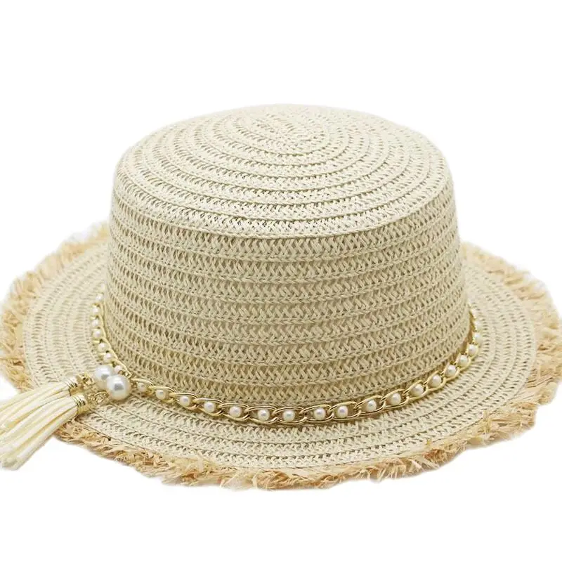 

Hot Sale Flat Top Straw Hat Summer Spring Women's Panama leisure Pearl Beach Sun Hats Breathable Fashion Snapback Gorras