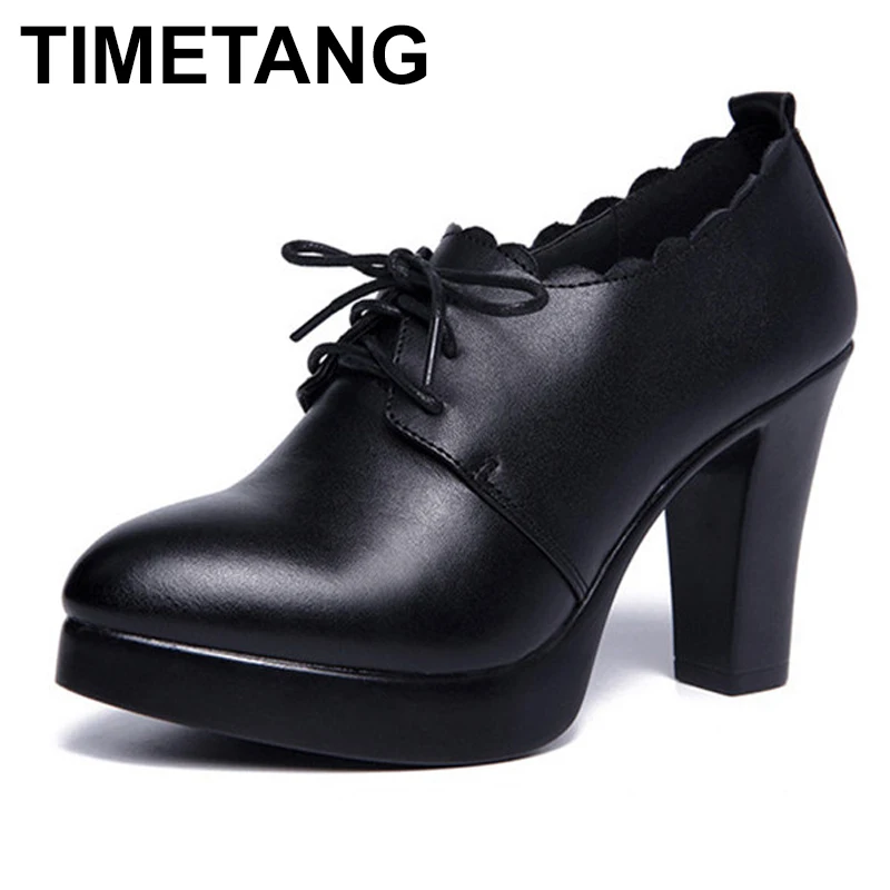 

TIMETANG 35-43 Office Heel Shoes Women Pumps Platform Deep Mouth Block Black 2019 Oxford Footwear Lace up High Heels Red Wedding