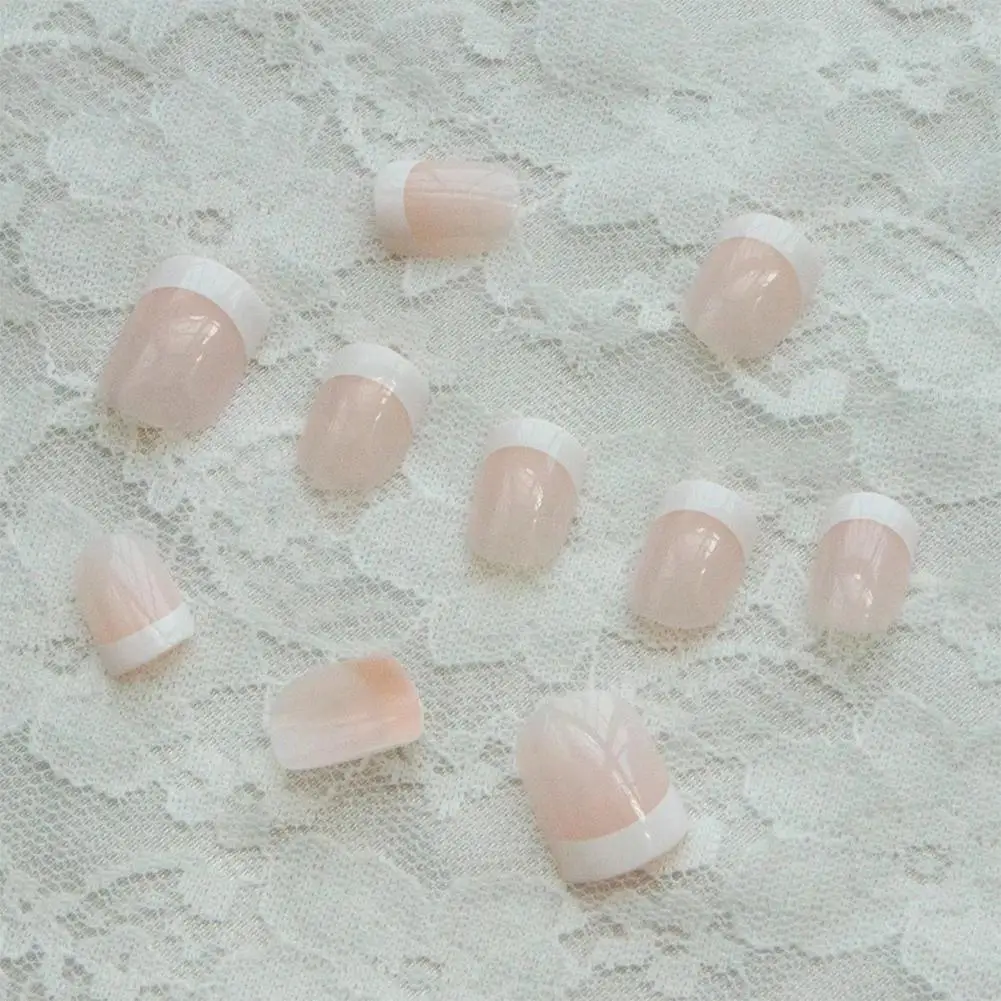 Summer Short Natural Nude White French Nail Fake Nail Press Wear Round Wear Short Sweet Ultra Square Gel Candy Nail Fake Ea S6W8