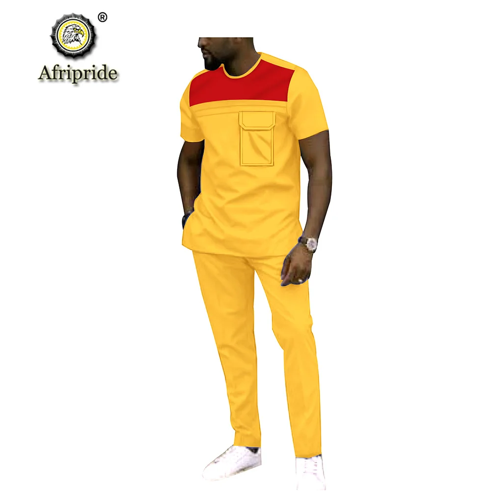 2019 Men`s 2 Piece Set African Dashiki Tracksuit Short Sleeve Blouse Tops and Pants Set Plus Size Wax Wear AFRIPRIDE S1916040