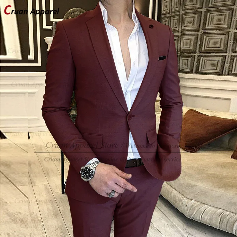 

15 Colors 2022 Wine Red Men's Suits Set Fashion Wedding Pink Groomsman Groom Tuxedo Formal Business Blazer with Pants 2 Pieces