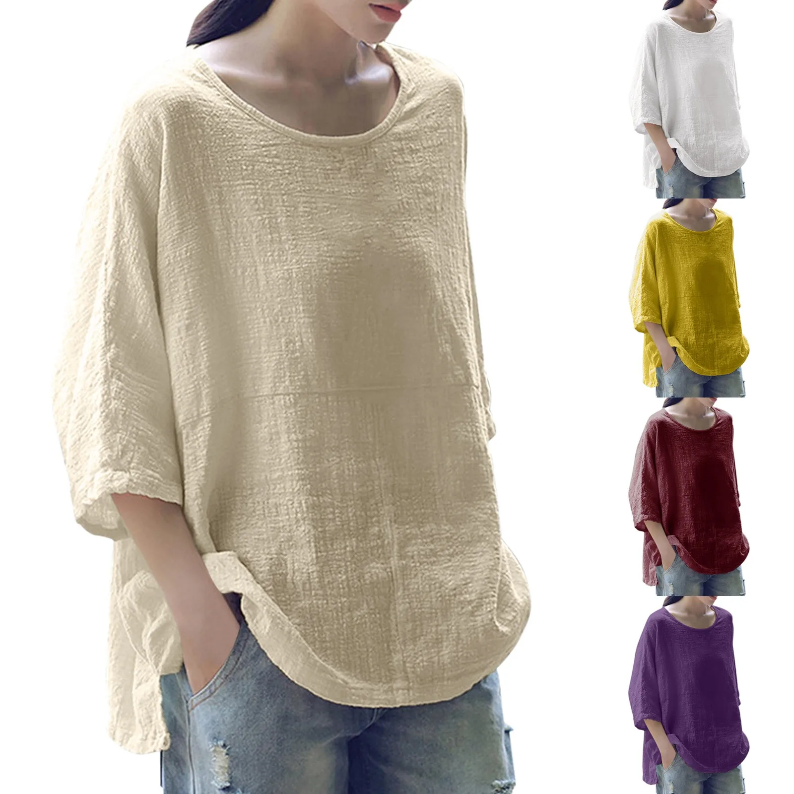 

Women Solid Color Cotton Blend Round Neck Three-quarter Sleeve Top Vetement Femme Top Summer Топик Женский 2021