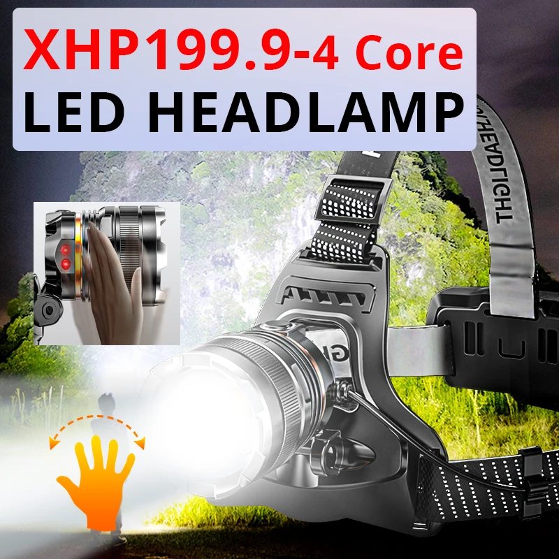 

300W Strong LED Headlight XHP199.9 IR Sensor USB Fishing Lantern Waterproof Induction T6 Headlamp 18650 Powerful Zoom Flashlight