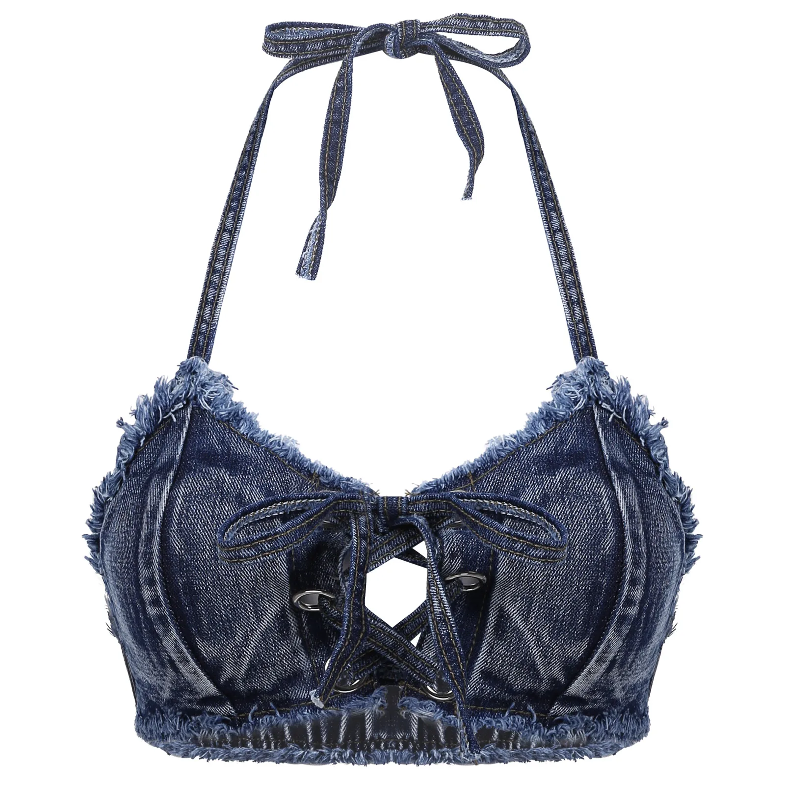 Женский джинсовый бюстгальтер-бикини без рукавов на шнуровке для ночного клуба